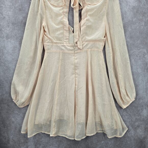 Lush Cream Long Sleeve Flare Ruffle Cutout Tie Cottage Fairy Dress Small - Picture 6 of 8